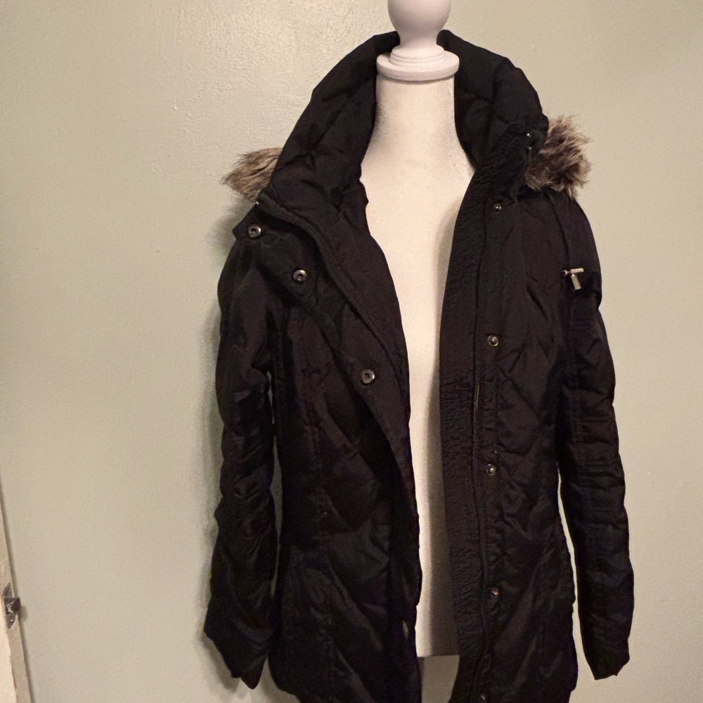 London Fog Black Puffer Jacket with Faux Fur Hood